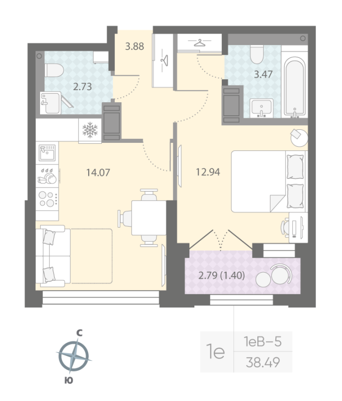 1-комнатная квартира, 38.49 м²; этаж: 15 - купить в Санкт-Петербурге