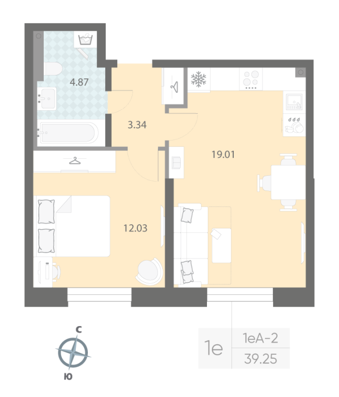 1-комнатная квартира №57 в: ЦИВИЛИЗАЦИЯ НА НЕВЕ: 39.25 м²; этаж: 2 - купить в Санкт-Петербурге