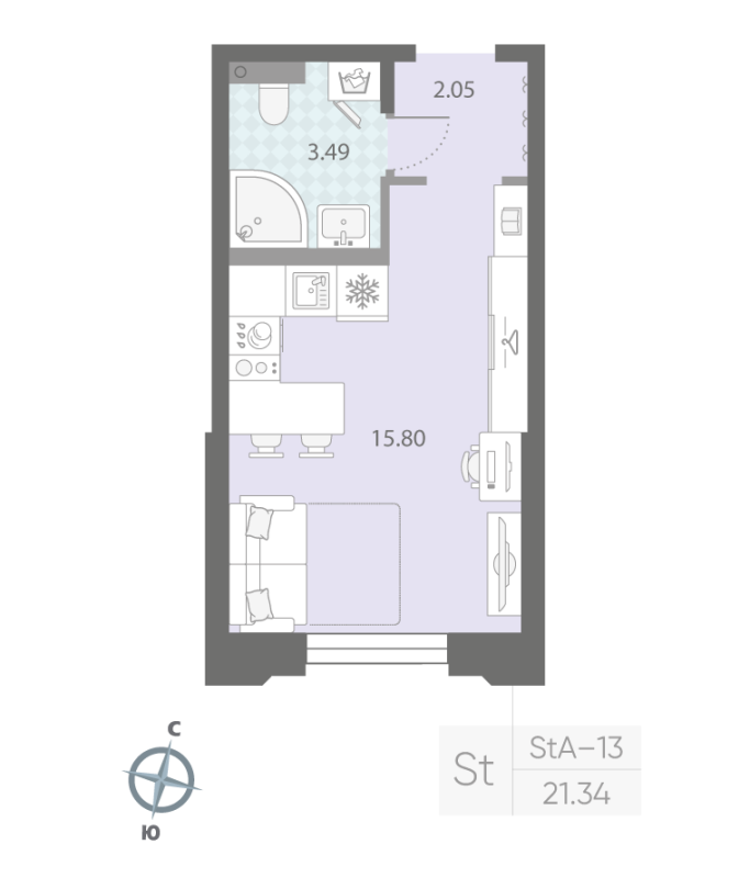 1-комнатная квартира №57 в: ЦИВИЛИЗАЦИЯ НА НЕВЕ: 21.34 м²; этаж: 2 - купить в Санкт-Петербурге