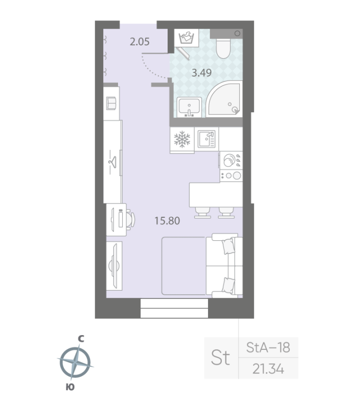 1-комнатная квартира №57 в: ЦИВИЛИЗАЦИЯ НА НЕВЕ: 21.34 м²; этаж: 2 - купить в Санкт-Петербурге