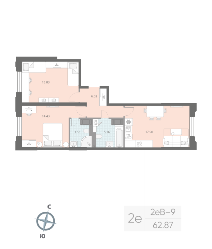 2-комнатная квартира  №437 в Морская набережная.SeaView II очередь: 62.87 м², этаж 3 - купить в Санкт-Петербурге