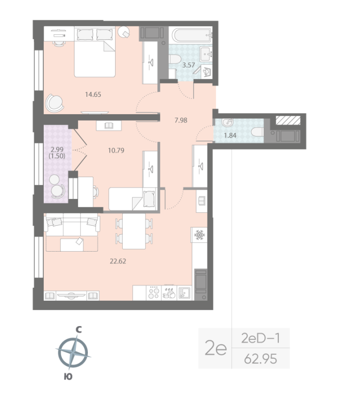 2-комнатная квартира, 62.95 м²; этаж: 11 - купить в Санкт-Петербурге