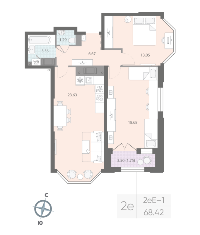 2-комнатная квартира  №397 в Морская набережная II очередь: 68.42 м², этаж 13 - купить в Санкт-Петербурге