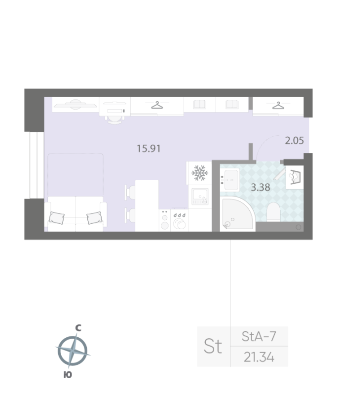 1-комнатная квартира №57 в: ЦИВИЛИЗАЦИЯ НА НЕВЕ: 21.34 м²; этаж: 2 - купить в Санкт-Петербурге