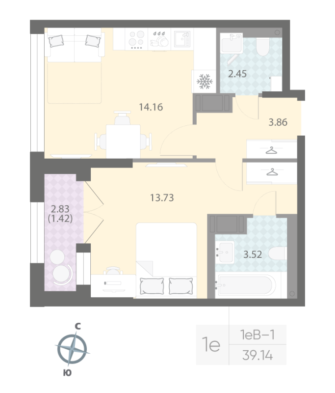 1-комнатная квартира, 39.14 м²; этаж: 12 - купить в Санкт-Петербурге