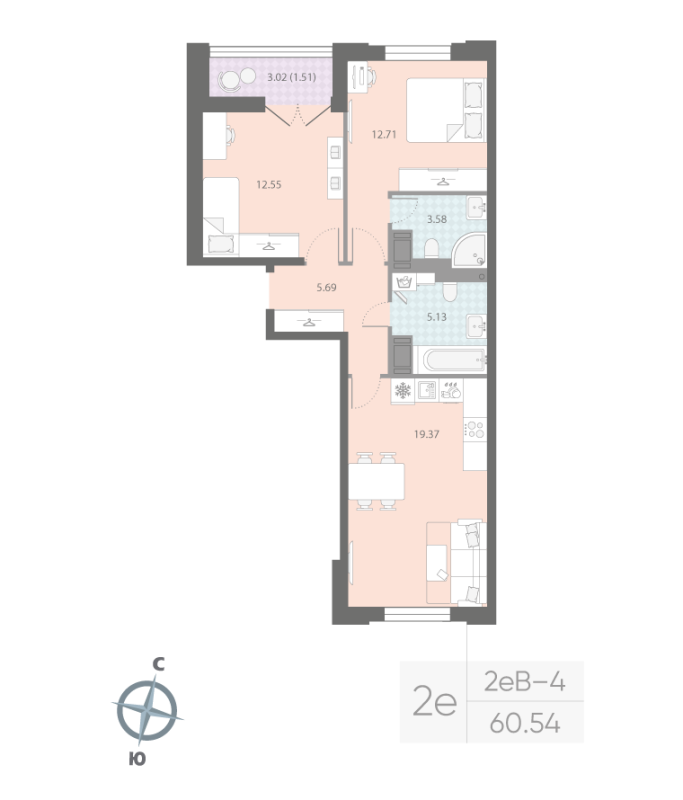 2-комнатная квартира, 60.54 м²; этаж: 14 - купить в Санкт-Петербурге