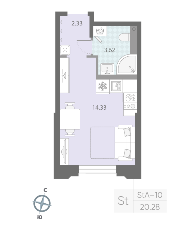 1-комнатная квартира №57 в: ЦИВИЛИЗАЦИЯ НА НЕВЕ: 20.28 м²; этаж: 2 - купить в Санкт-Петербурге