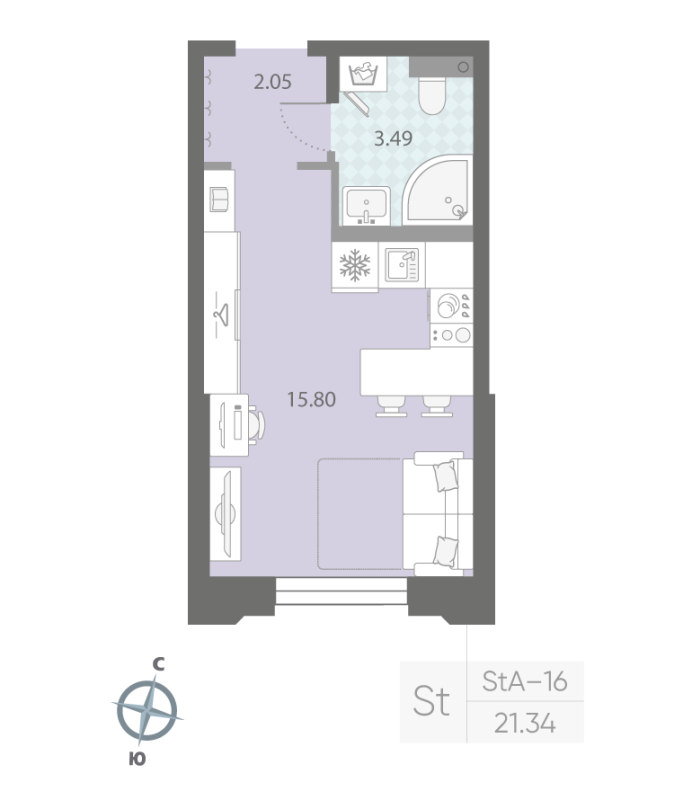 1-комнатная квартира №57 в: ЦИВИЛИЗАЦИЯ НА НЕВЕ: 21.34 м²; этаж: 2 - купить в Санкт-Петербурге