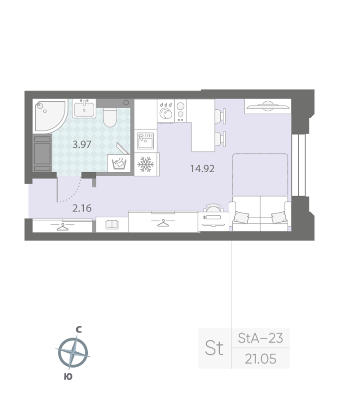 1-комнатная квартира №57 в: ЦИВИЛИЗАЦИЯ НА НЕВЕ: 21.5 м²; этаж: 3 - купить в Санкт-Петербурге