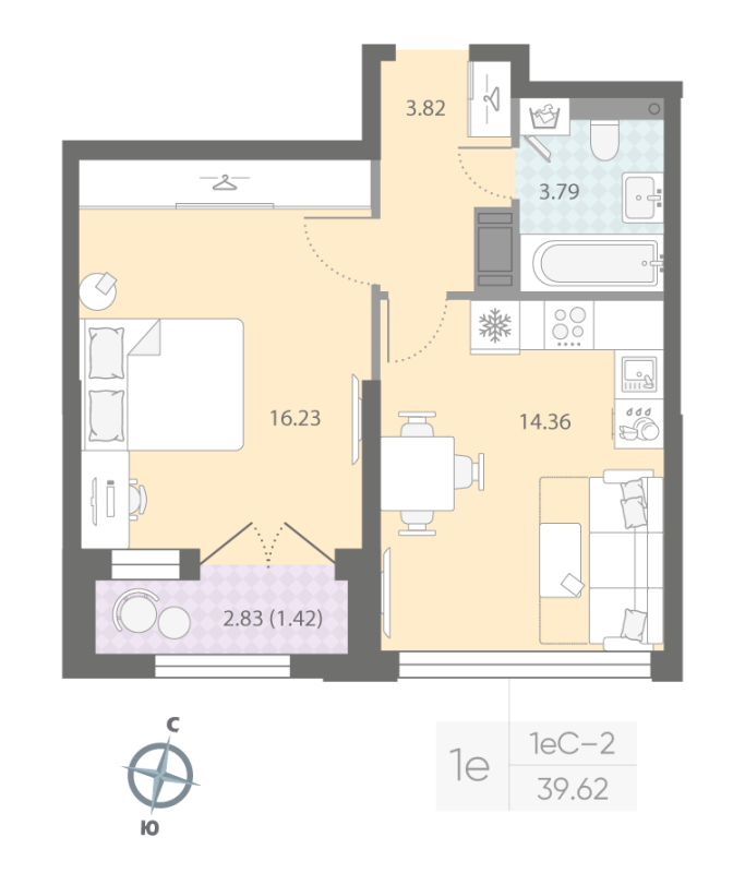 1-комнатная квартира, 39.62 м²; этаж: 12 - купить в Санкт-Петербурге