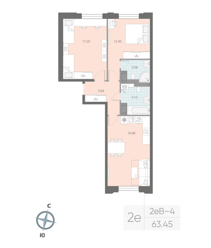2-комнатная квартира, 63.45 м²; этаж: 3 - купить в Санкт-Петербурге