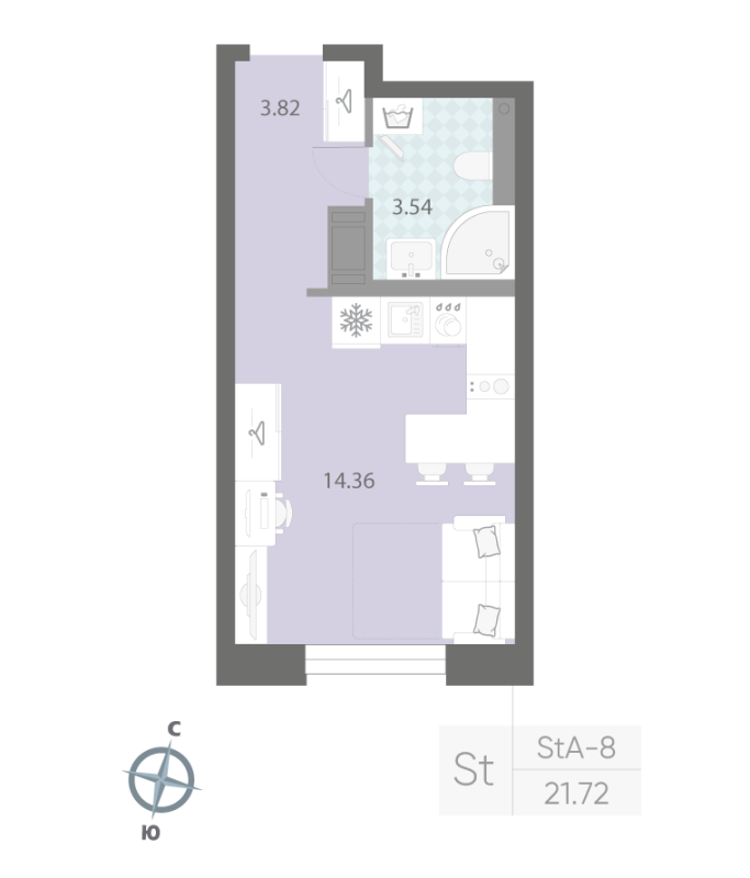 1-комнатная квартира №57 в: ЦИВИЛИЗАЦИЯ НА НЕВЕ: 21.72 м²; этаж: 3 - купить в Санкт-Петербурге