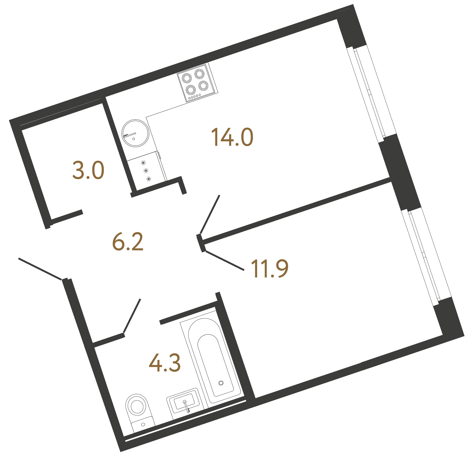 1-комнатная квартира  №100 в Литера: 39.4 м², этаж 3 - купить в Санкт-Петербурге