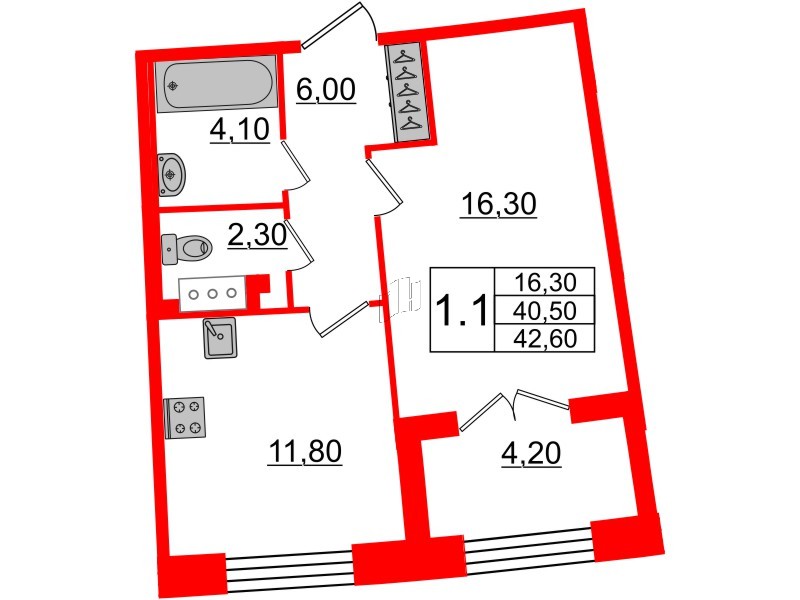 1-комнатная квартира  №127 в Grand View: 40.5 м², этаж 5 - купить в Санкт-Петербурге