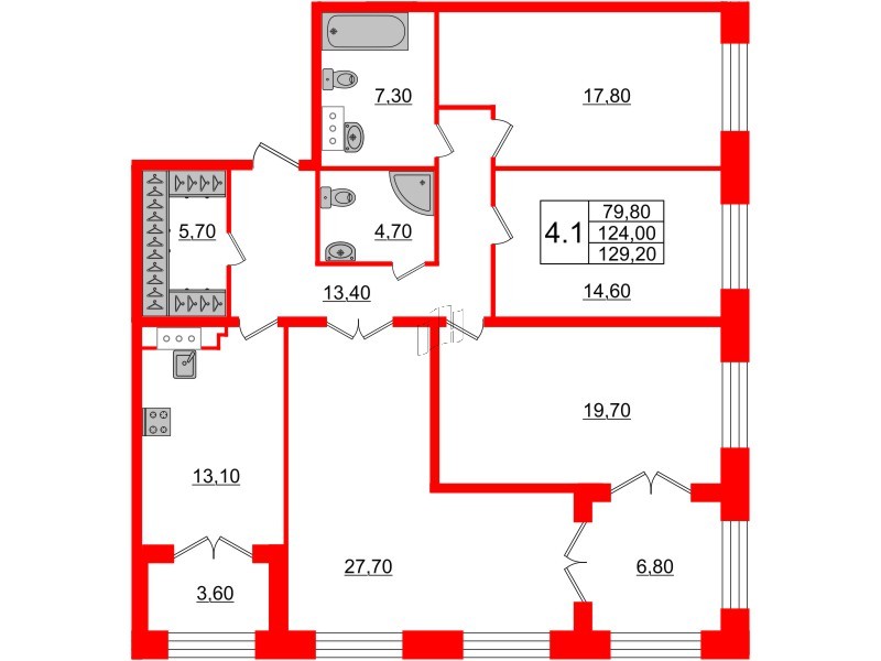 4-комнатная квартира  №107 в Grand View: 124 м², этаж 5 - купить в Санкт-Петербурге