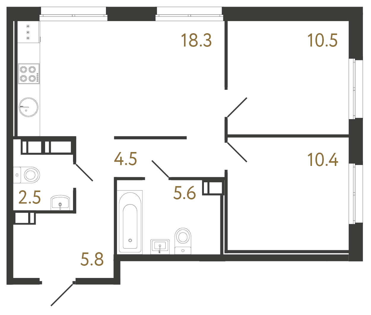 2-комнатная квартира  №943 в Струны I: 57.6 м², этаж 6 - купить в Санкт-Петербурге