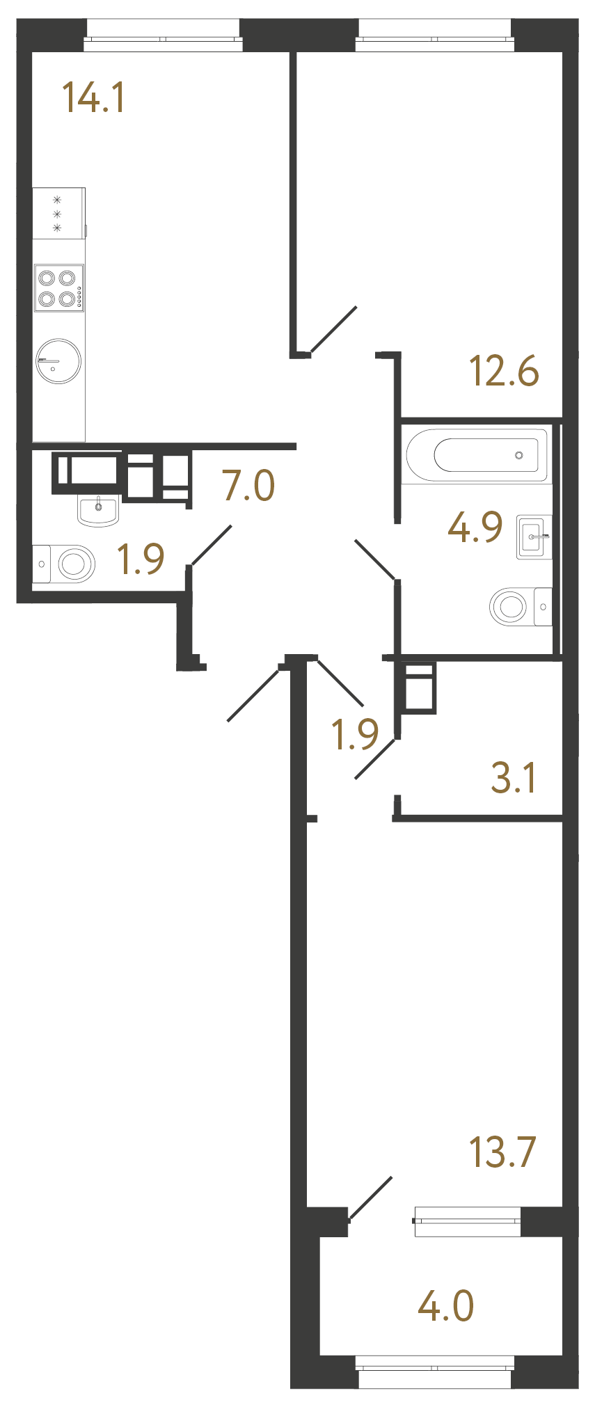 2-комнатная квартира №1 в: Струны: 59.2 м²; этаж: 11 - купить в Санкт-Петербурге