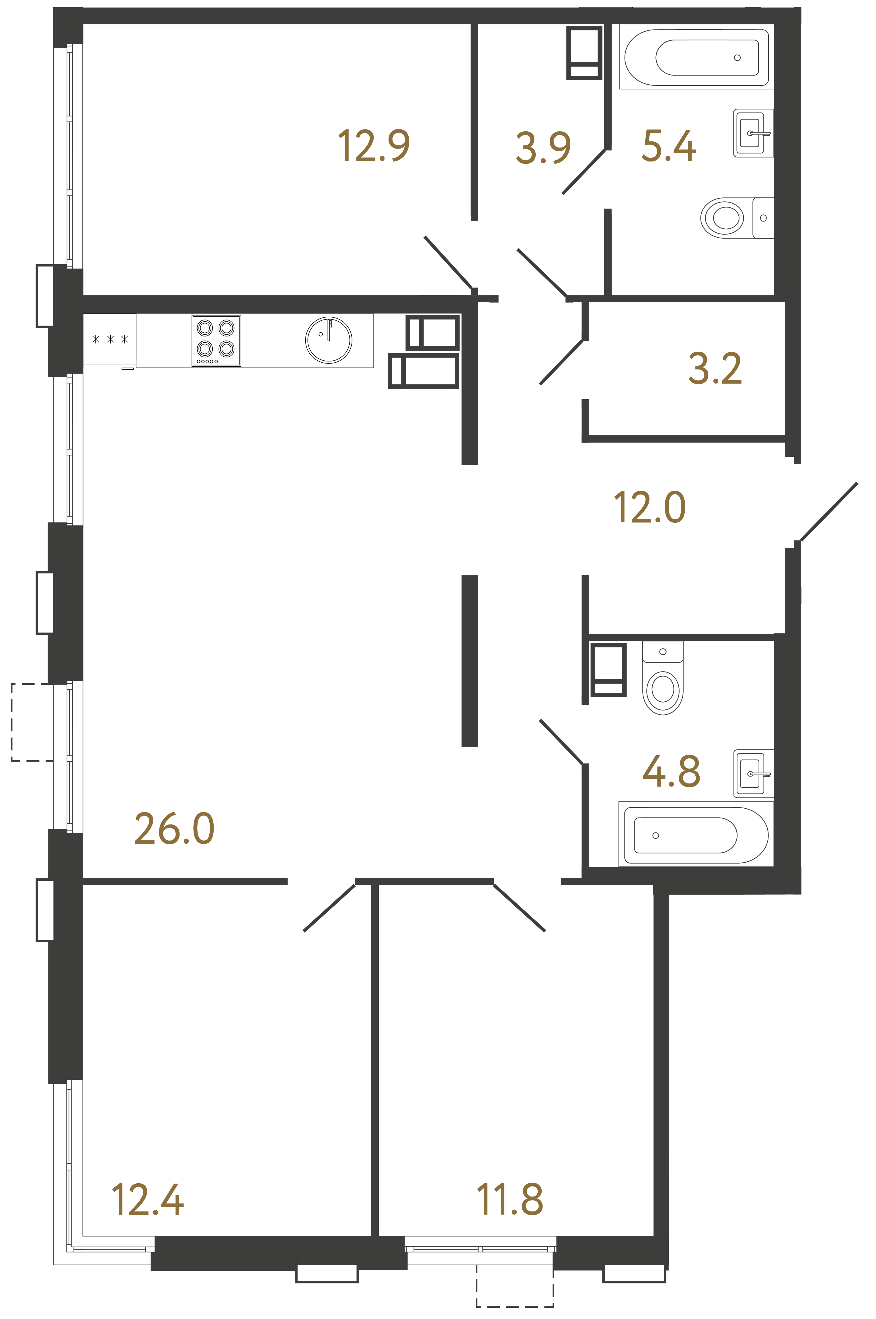 3-комнатная квартира №1 в: Струны: 92.4 м²; этаж: 6 - купить в Санкт-Петербурге