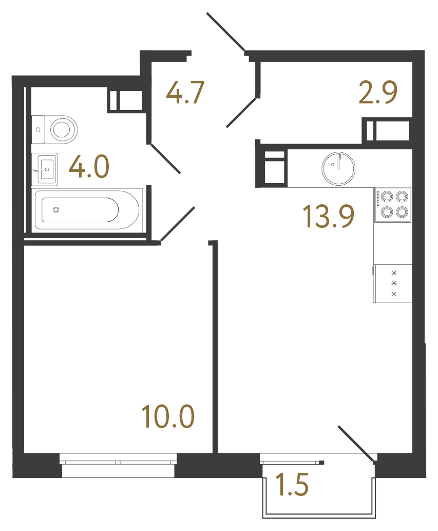 1-комнатная квартира №1 в: Струны: 35.5 м²; этаж: 5 - купить в Санкт-Петербурге