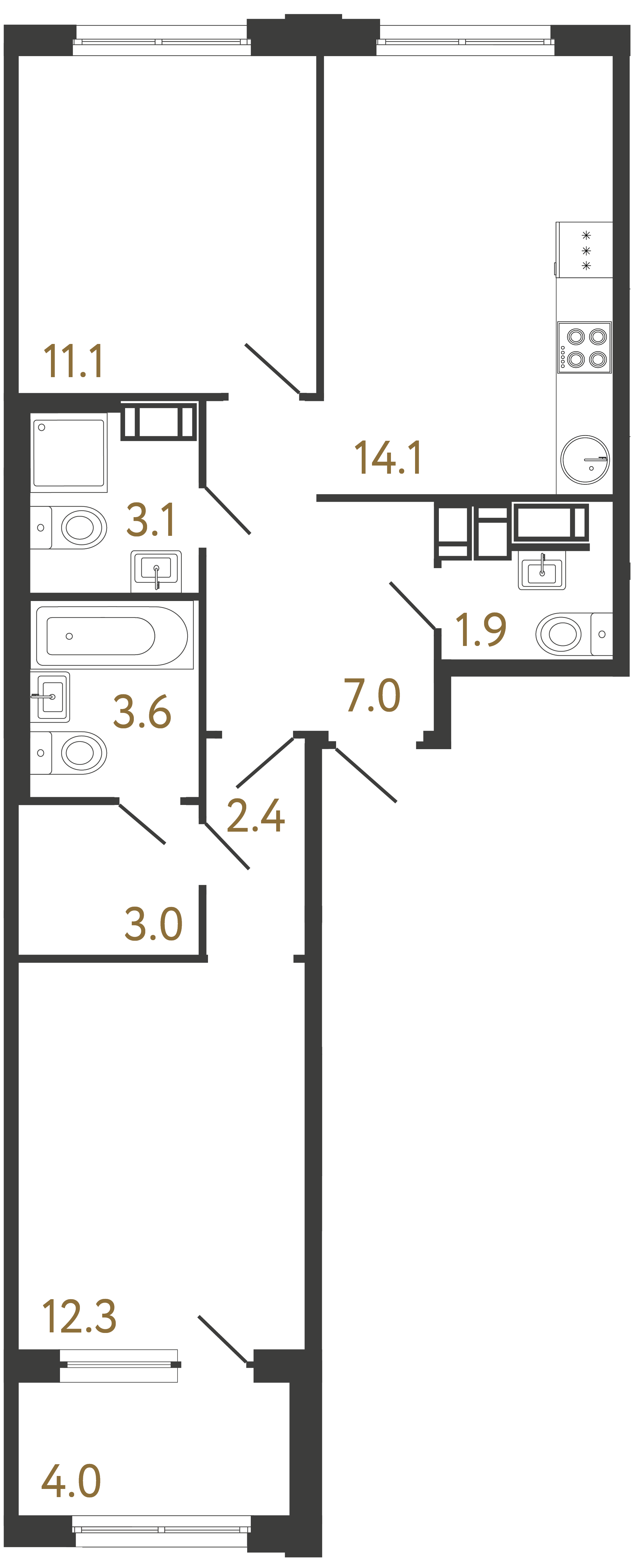 2-комнатная квартира №1 в: Струны: 58.5 м²; этаж: 15 - купить в Санкт-Петербурге