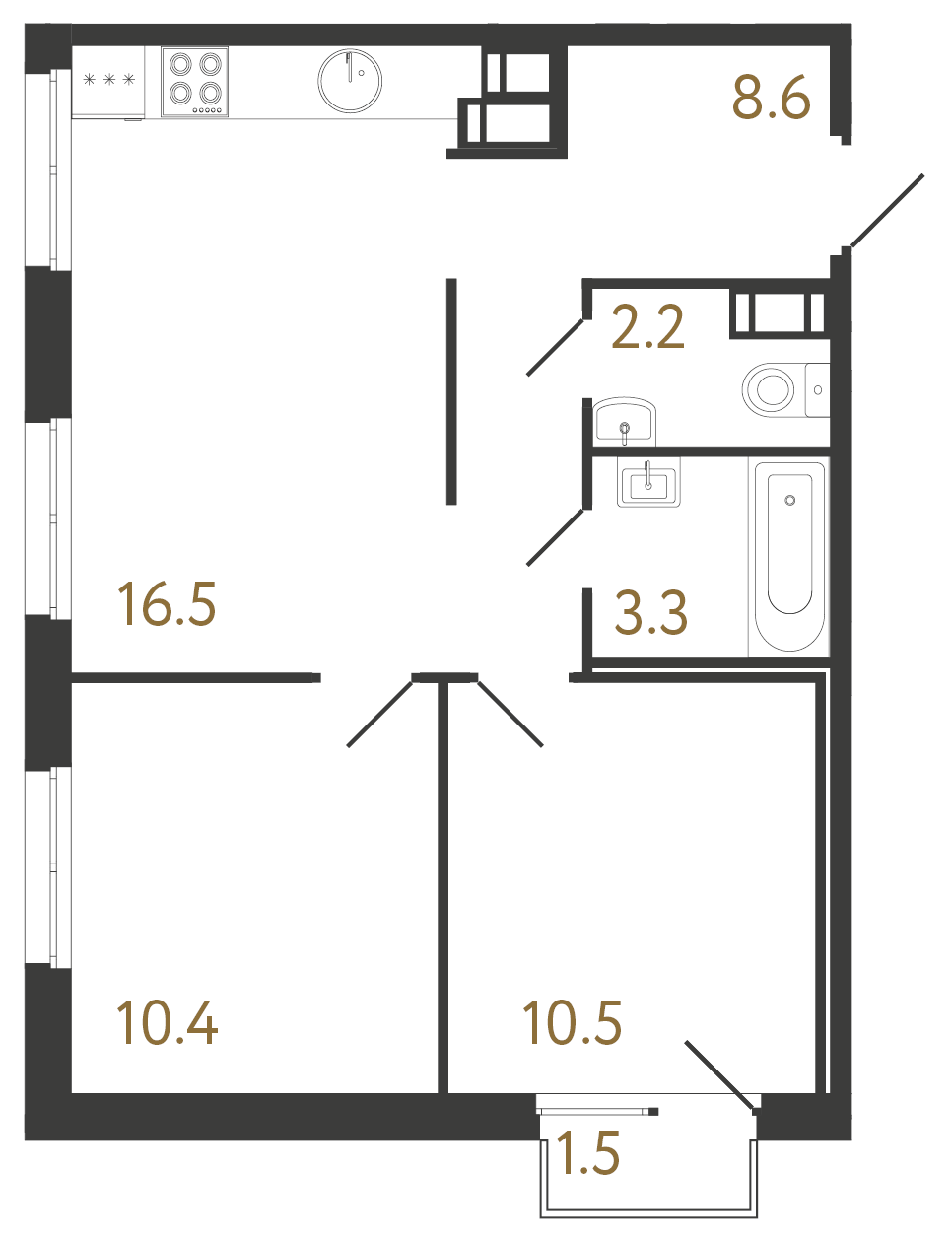 2-комнатная квартира №1 в: Струны: 51.5 м²; этаж: 7 - купить в Санкт-Петербурге