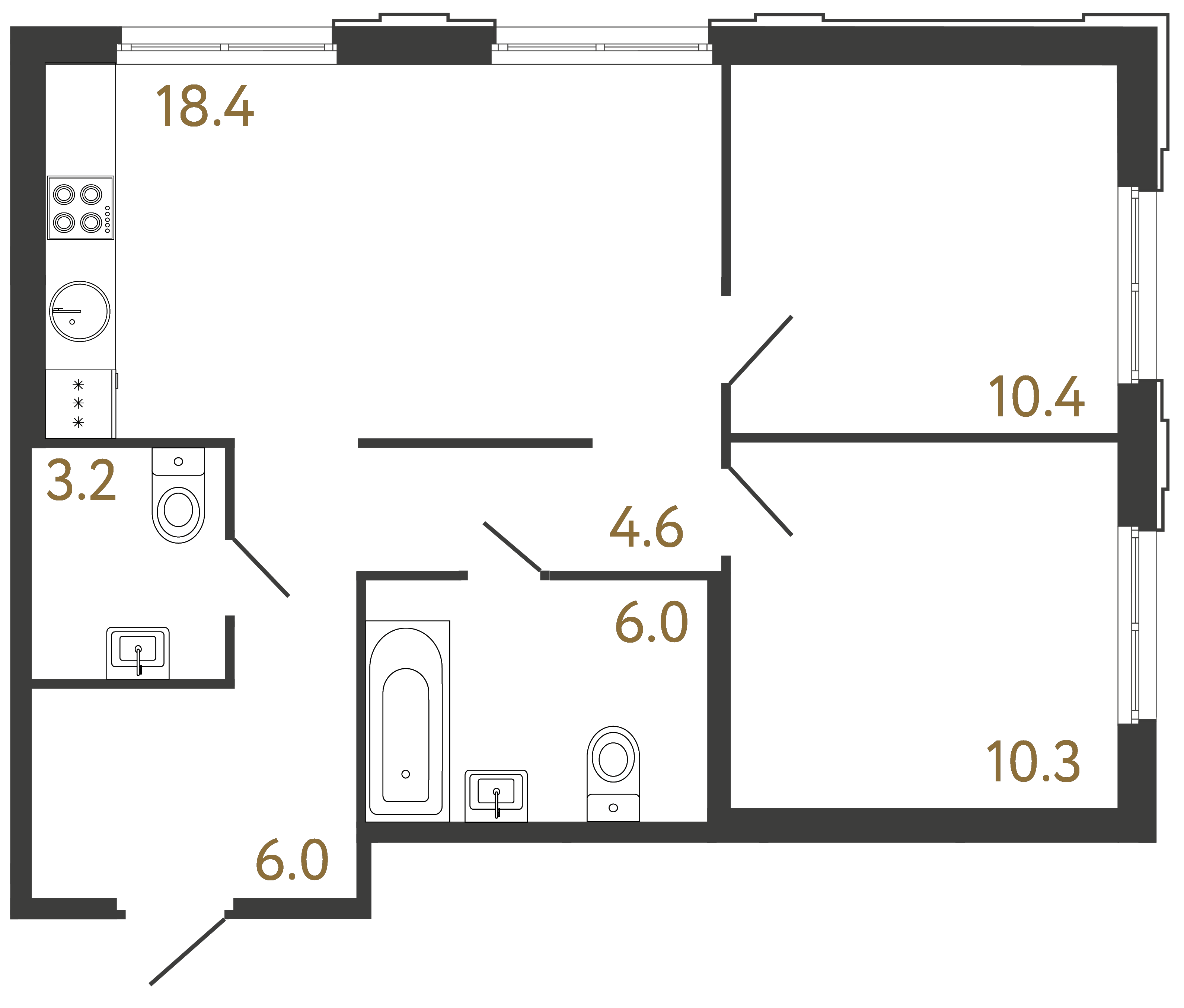 2-комнатная квартира №1 в: Струны: 58.9 м²; этаж: 2 - купить в Санкт-Петербурге