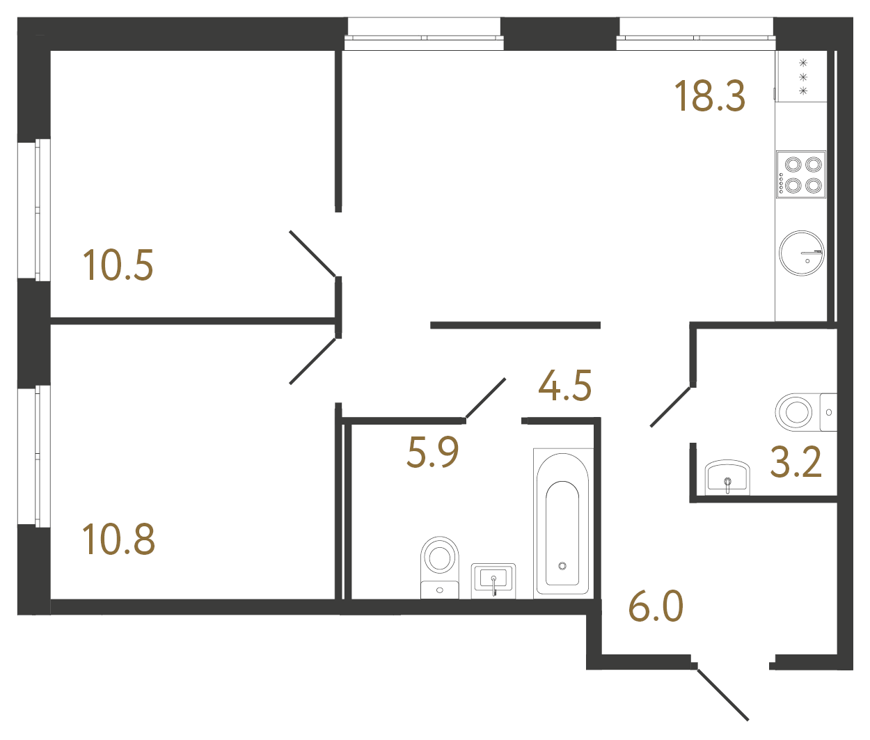 2-комнатная квартира №1 в: Струны: 59.2 м²; этаж: 3 - купить в Санкт-Петербурге