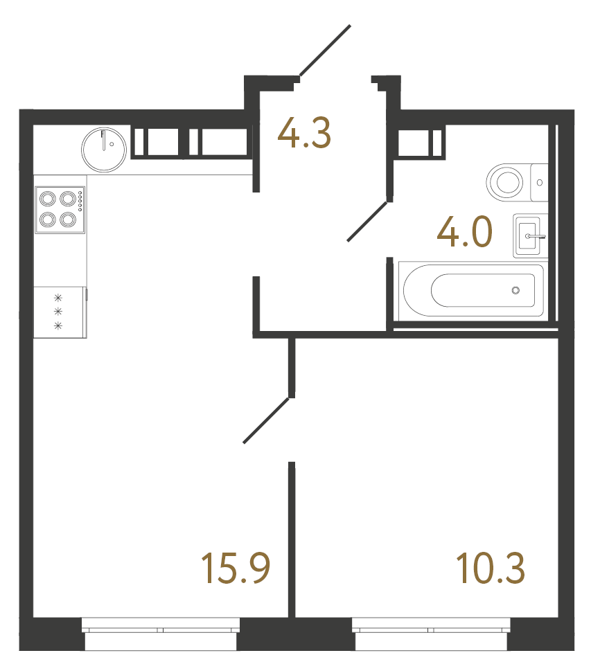 1-комнатная квартира №1 в: Струны: 34.5 м²; этаж: 5 - купить в Санкт-Петербурге