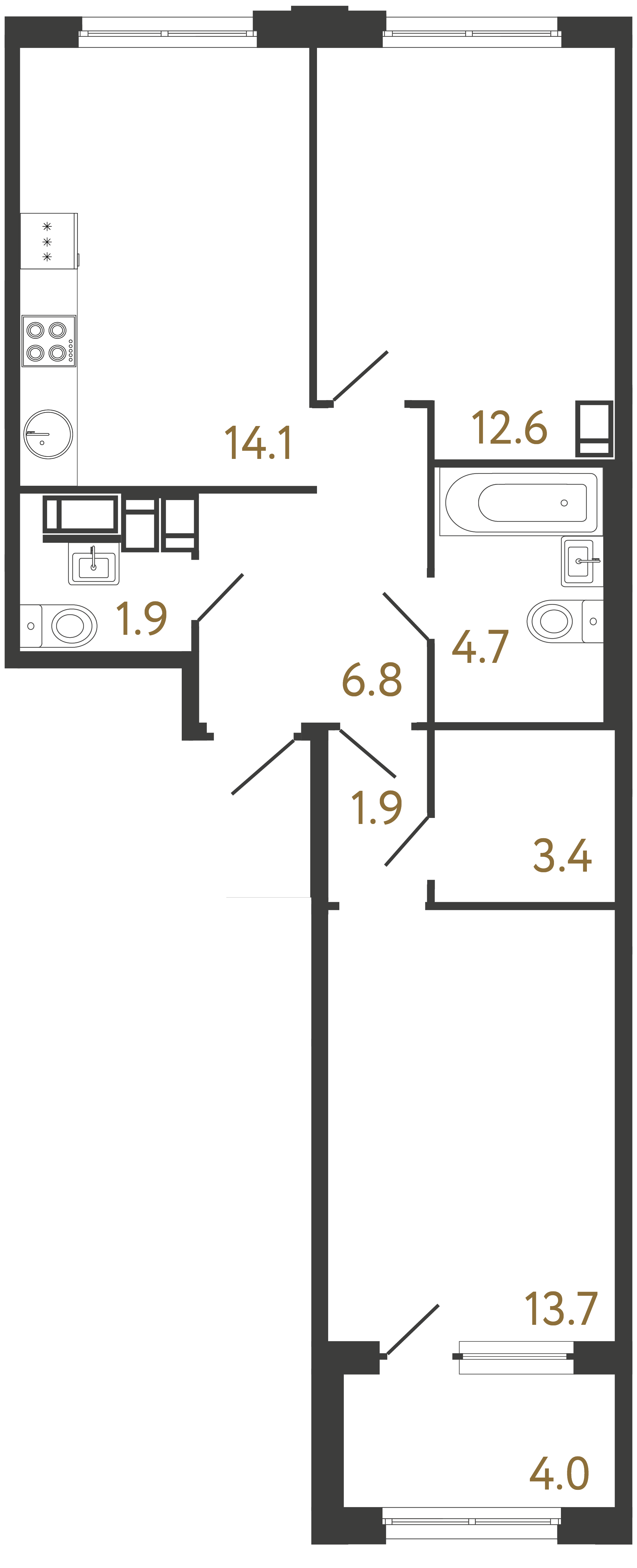 2-комнатная квартира №1 в: Струны: 59.1 м²; этаж: 4 - купить в Санкт-Петербурге