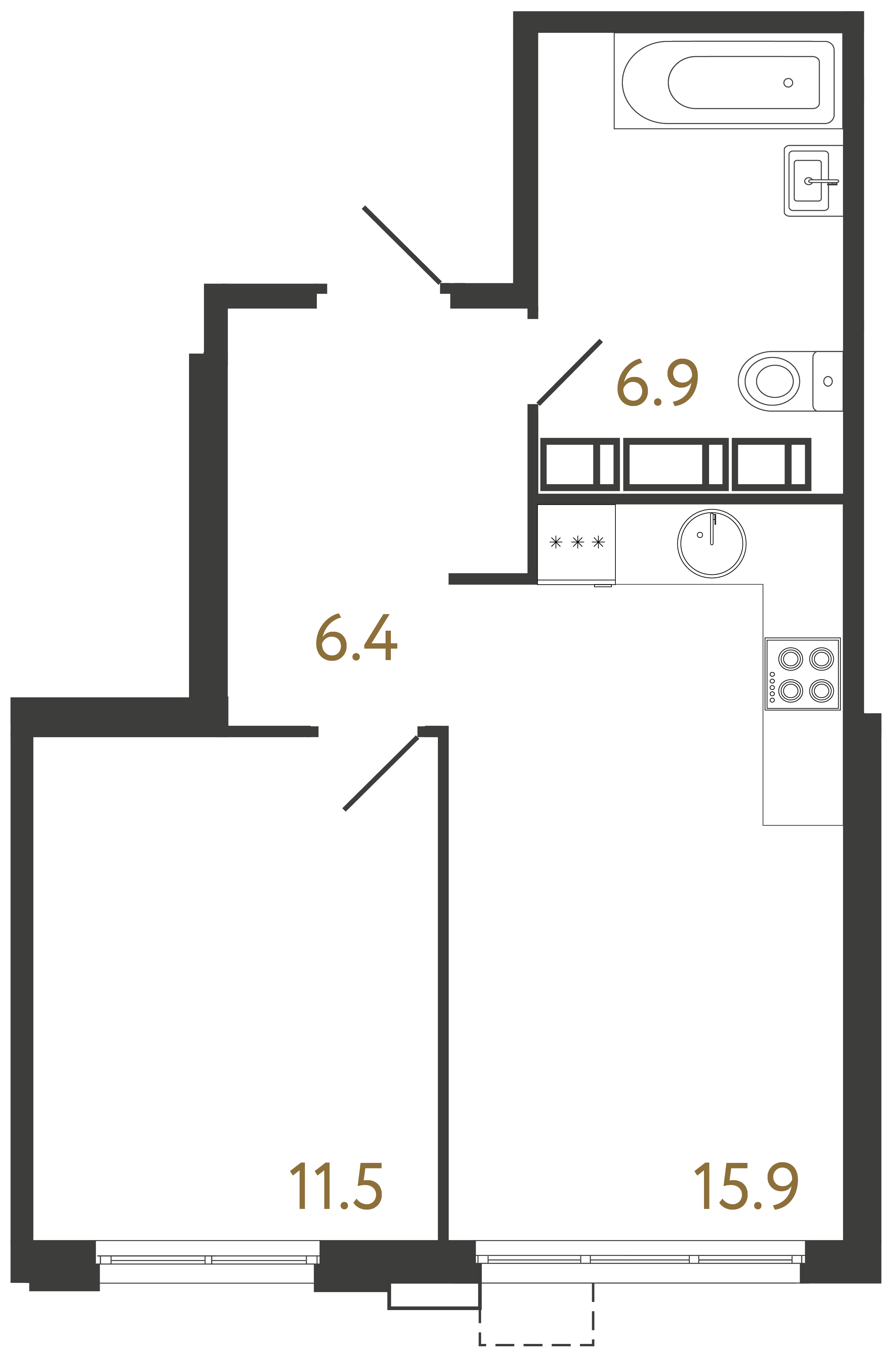 1-комнатная квартира №1 в: Струны: 40.7 м²; этаж: 6 - купить в Санкт-Петербурге