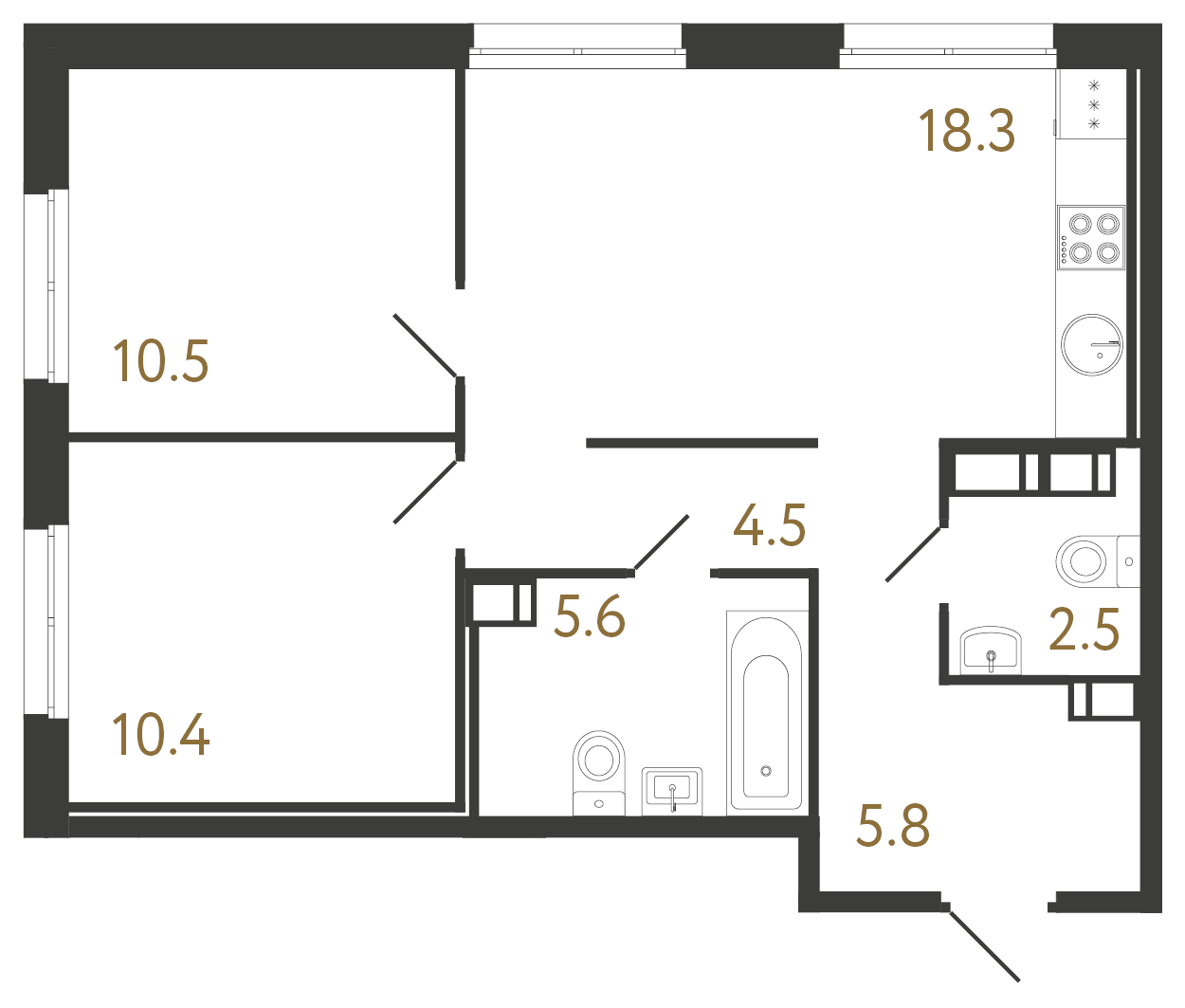 2-комнатная квартира №1 в: Струны: 57.6 м²; этаж: 5 - купить в Санкт-Петербурге