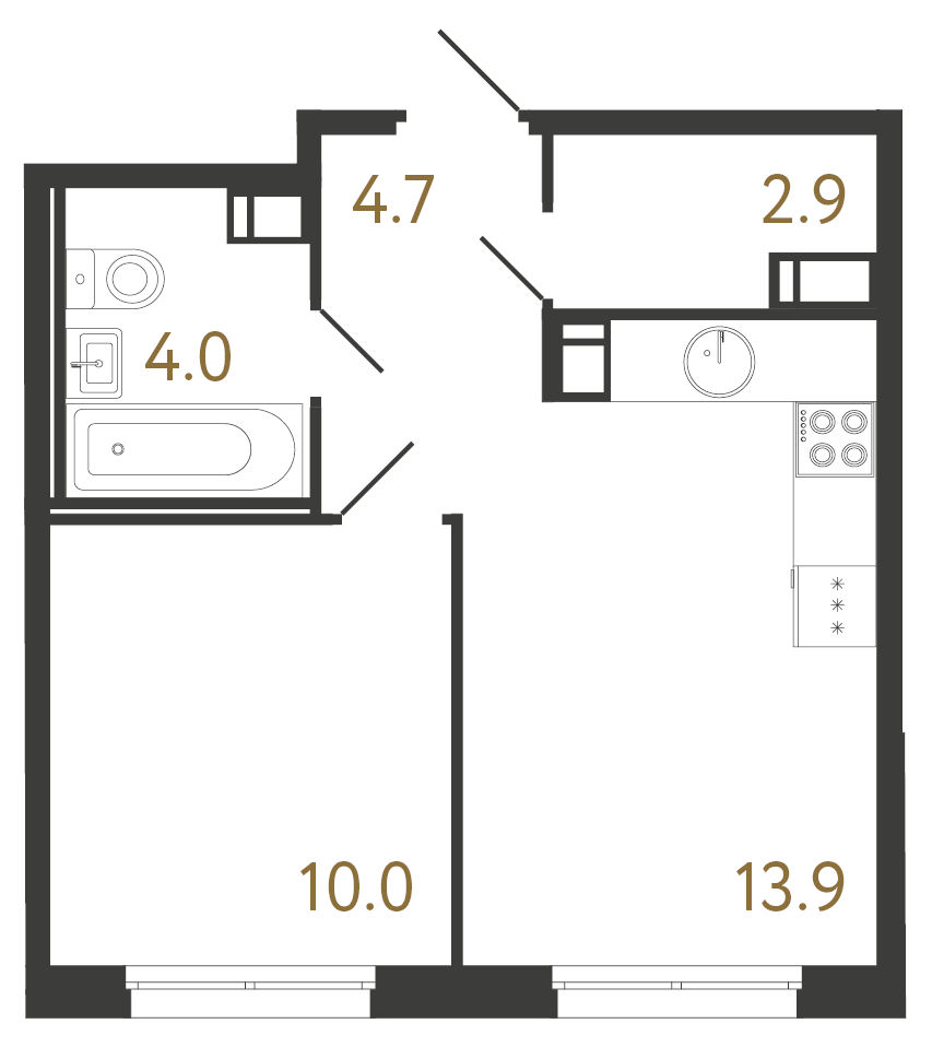 1-комнатная квартира №1 в: Струны: 35.5 м²; этаж: 10 - купить в Санкт-Петербурге