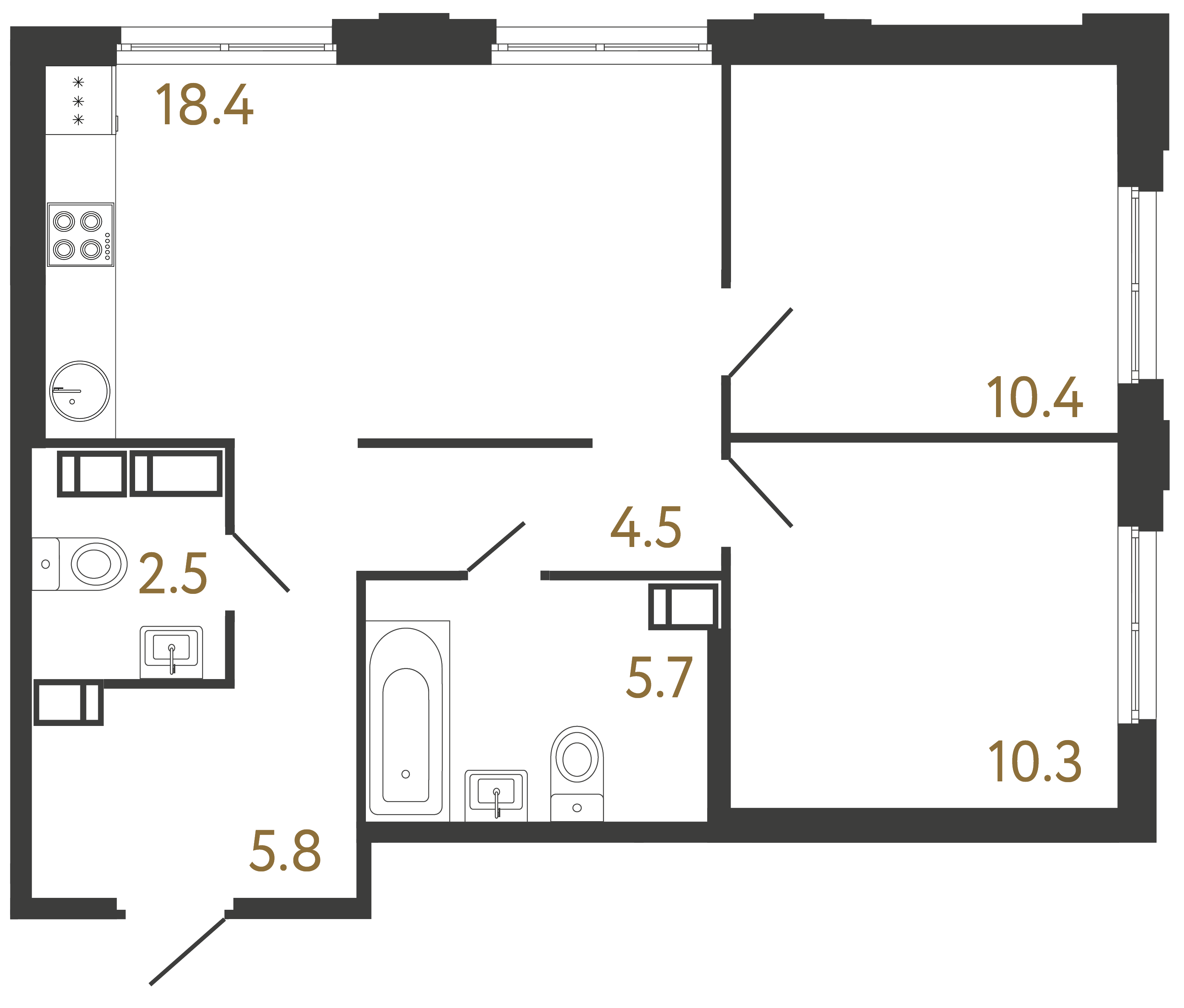 2-комнатная квартира №1 в: Струны: 57.6 м²; этаж: 4 - купить в Санкт-Петербурге