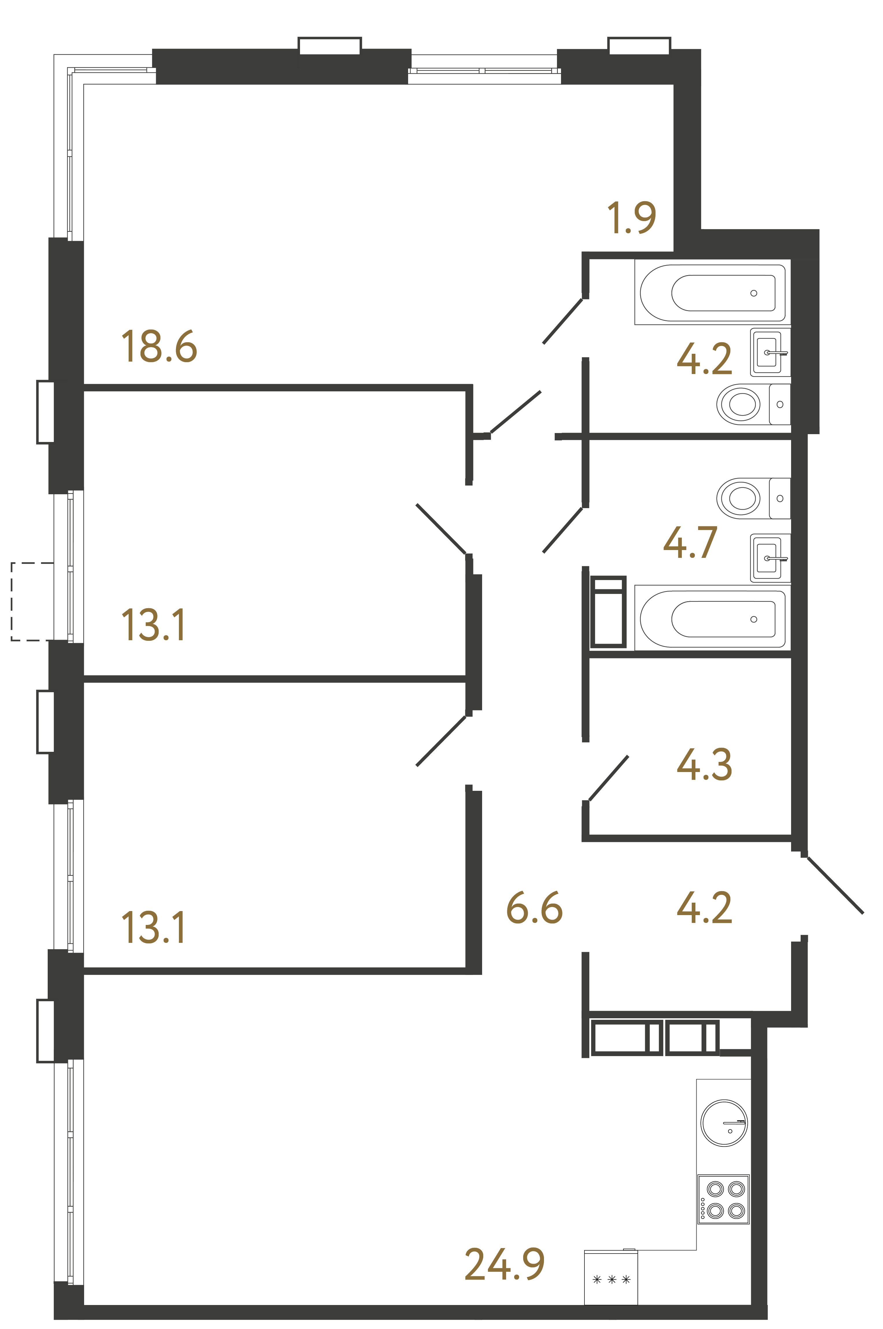 3-комнатная квартира №1 в: Струны: 95.6 м²; этаж: 6 - купить в Санкт-Петербурге