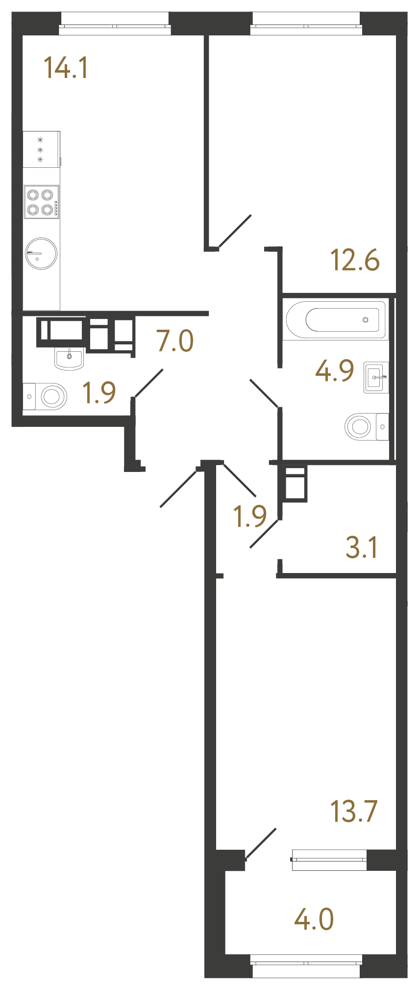 2-комнатная квартира №1 в: Струны: 59.2 м²; этаж: 13 - купить в Санкт-Петербурге