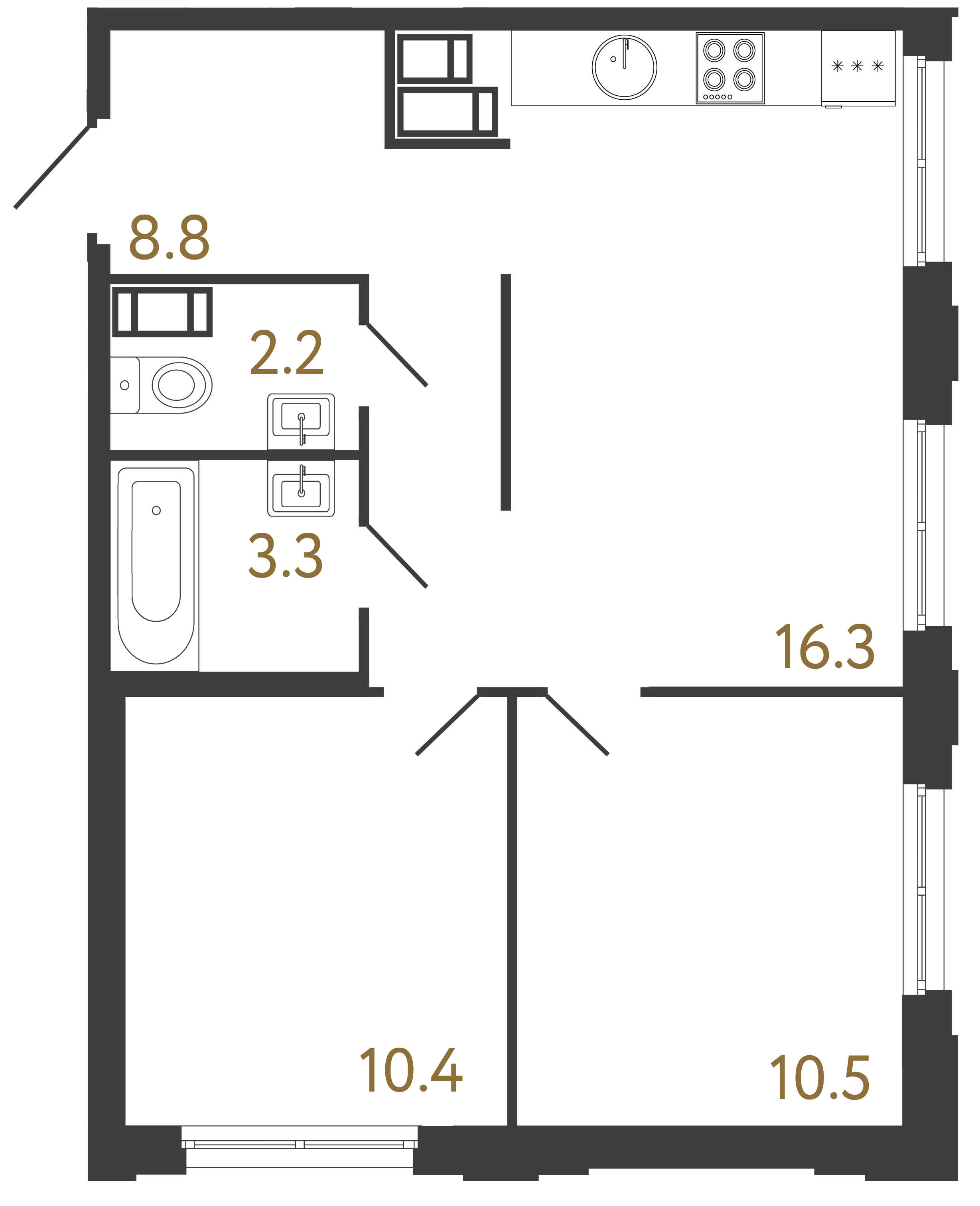 2-комнатная квартира №1 в: Струны: 51.5 м²; этаж: 11 - купить в Санкт-Петербурге