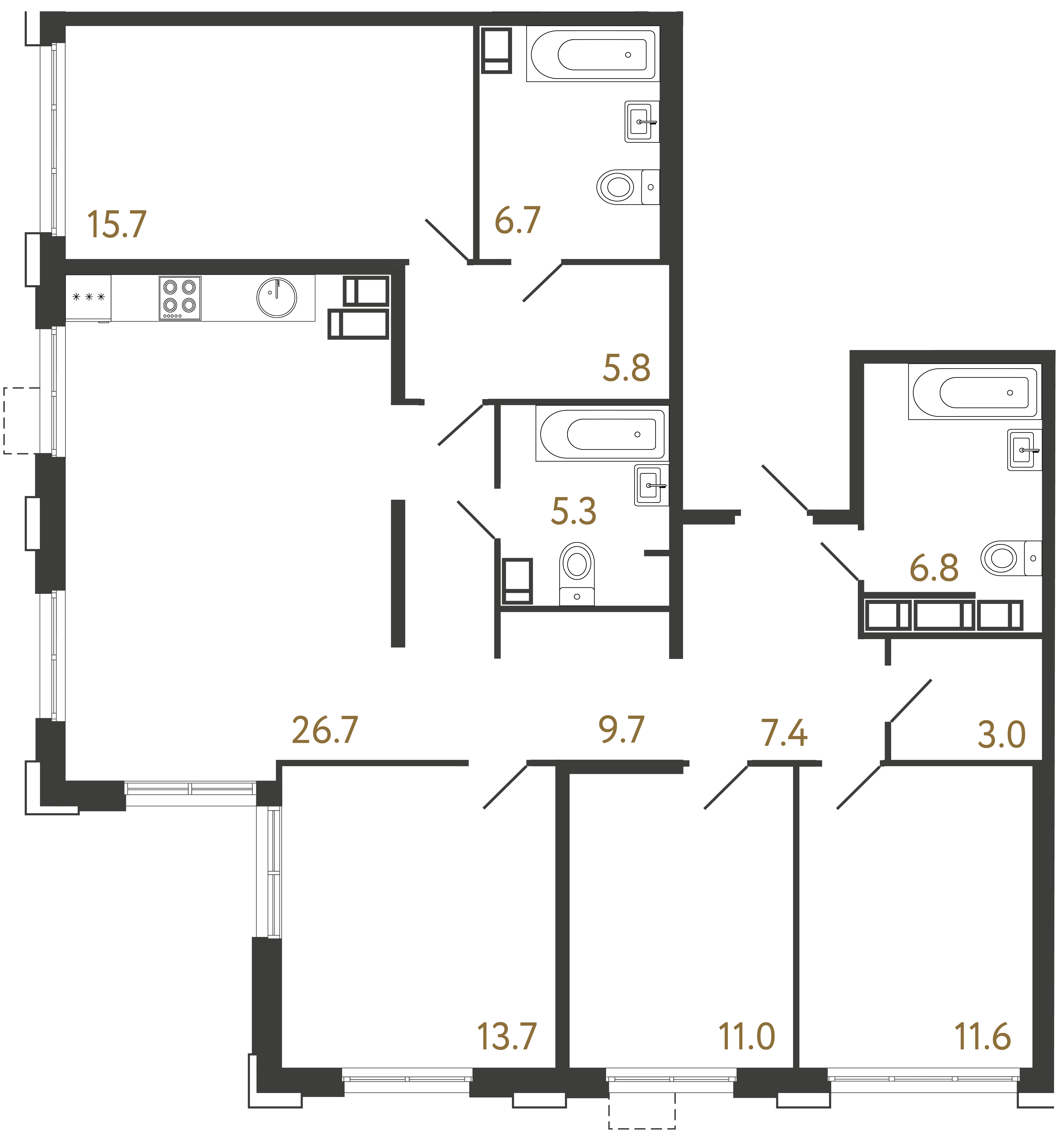 4-комнатная квартира №1 в: Струны: 123.4 м²; этаж: 23 - купить в Санкт-Петербурге