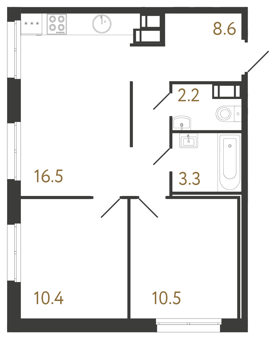 2-комнатная квартира №1 в: Струны: 51.5 м²; этаж: 12 - купить в Санкт-Петербурге