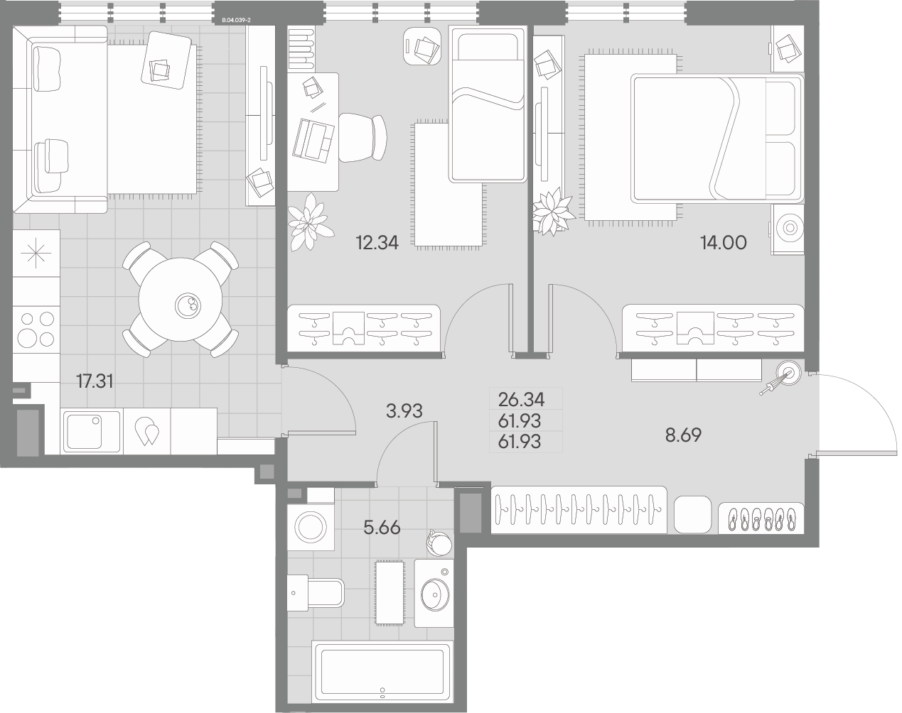 2-комнатная квартира  №39-2 в AMO: 61.93 м², этаж 4 - купить в Санкт-Петербурге