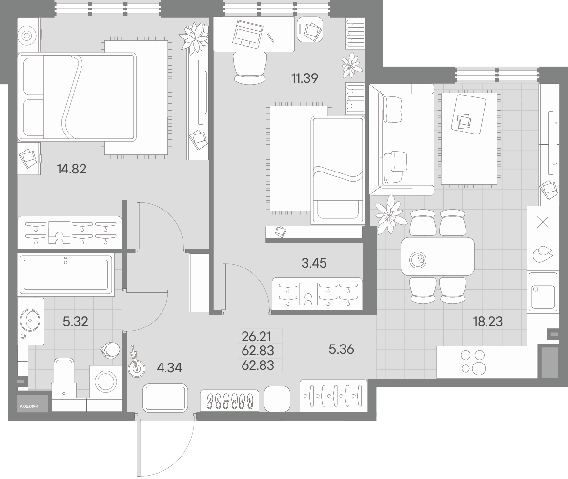 2-комнатная квартира  №19-1 в AMO: 62.83 м², этаж 5 - купить в Санкт-Петербурге