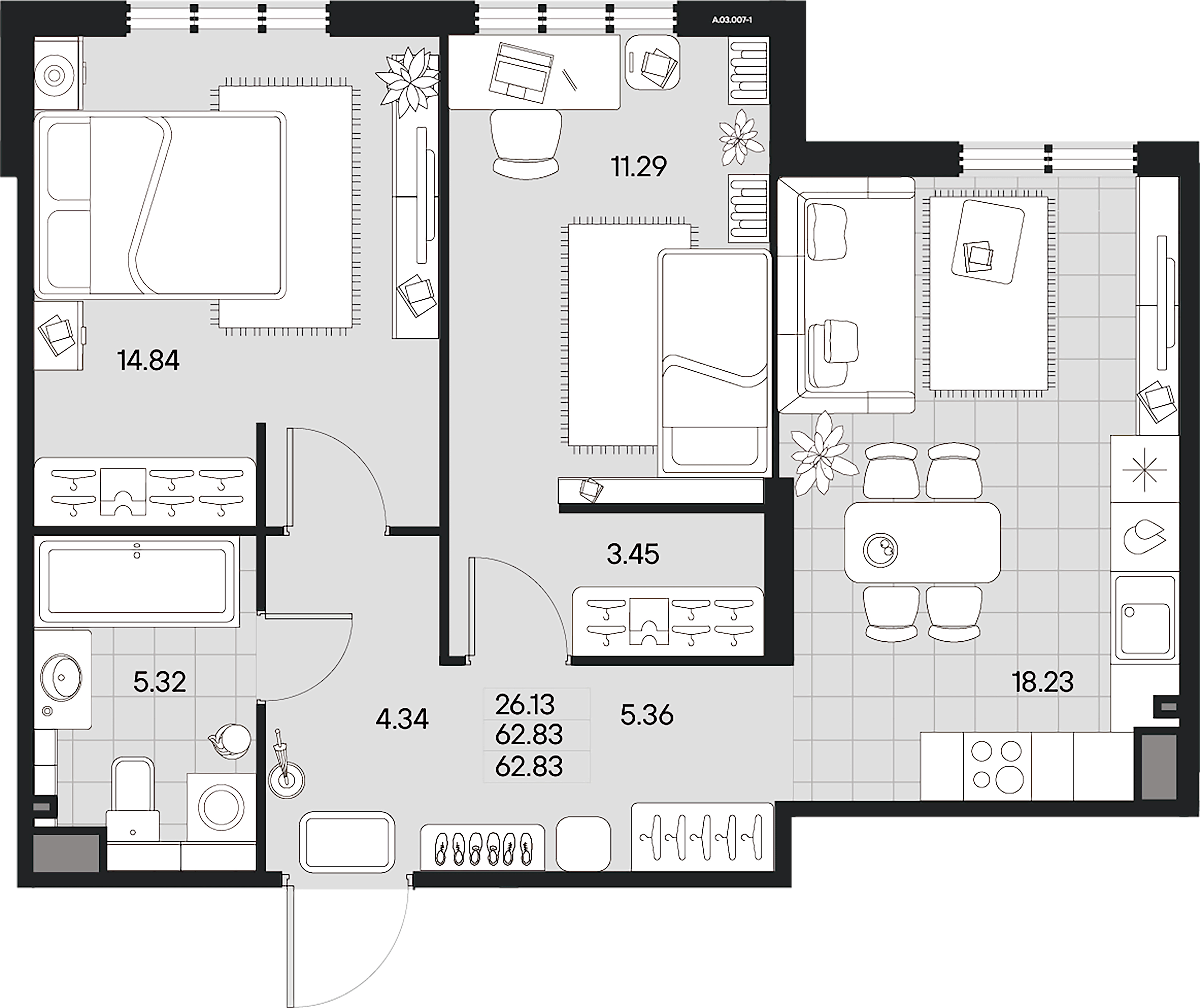 2-комнатная квартира  №7-1 в AMO: 62.83 м², этаж 3 - купить в Санкт-Петербурге