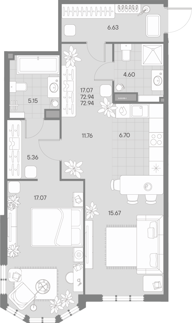 2-комнатная квартира  №15-2 в AMO: 52.13 м², этаж 4 - купить в Санкт-Петербурге