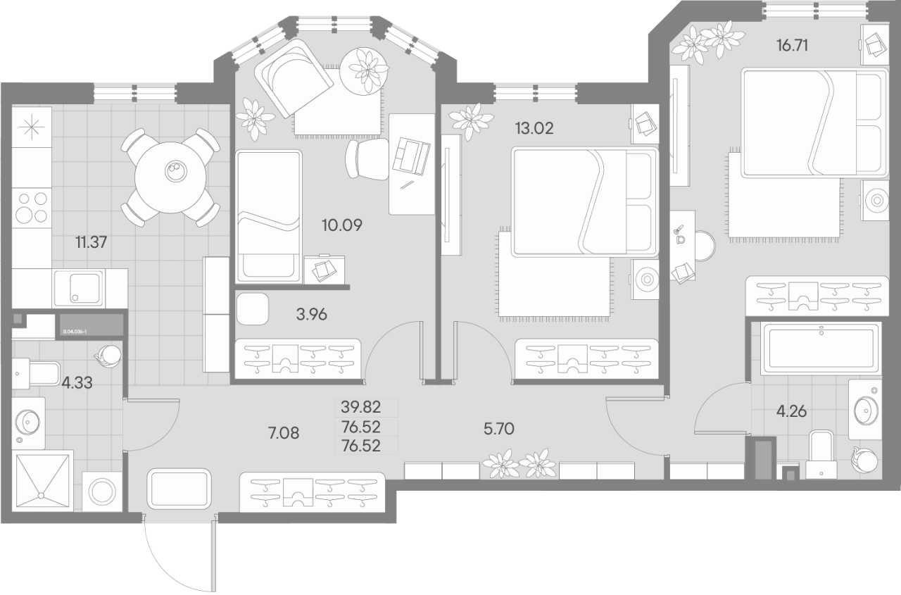 3-комнатная квартира  №36-1 в AMO: 76.52 м², этаж 4 - купить в Санкт-Петербурге