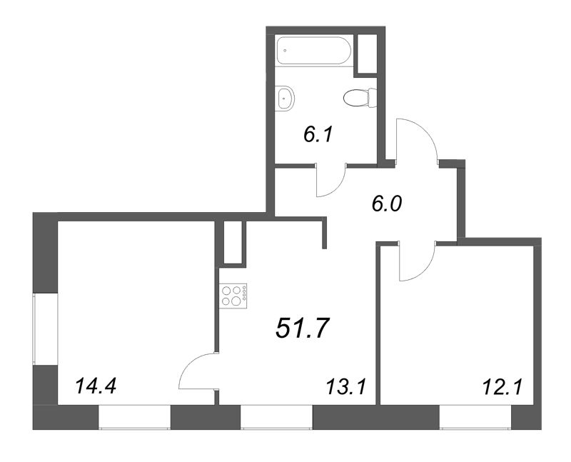 2-комнатная квартира  №93 в Моисеенко, 10: 51.7 м², этаж 3 - купить в Санкт-Петербурге