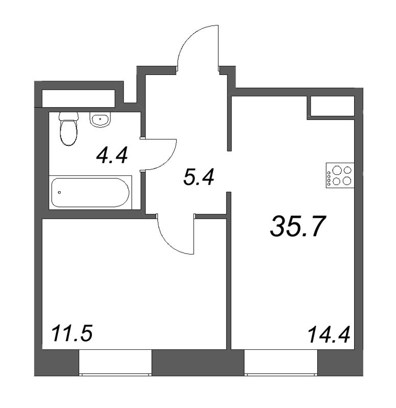 1-комнатная квартира  №63 в Моисеенко, 10: 35.9 м², этаж 3 - купить в Санкт-Петербурге