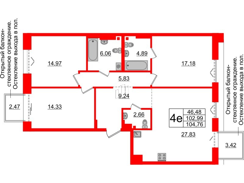 3-комнатная квартира  №648 в Imperial club: 102.99 м², этаж 6 - купить в Санкт-Петербурге