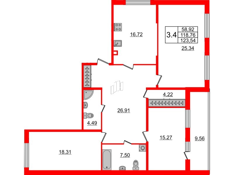 3-комнатная квартира  №319 в Притяжение: 116.2 м², этаж 1 - купить в Санкт-Петербурге