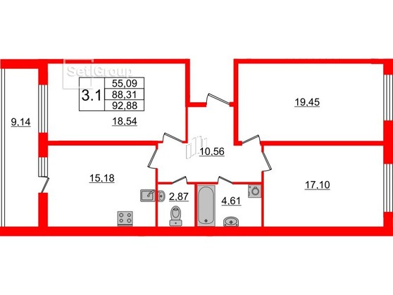 3-комнатная квартира  №812 в Притяжение: 86.1 м², этаж 1 - купить в Санкт-Петербурге