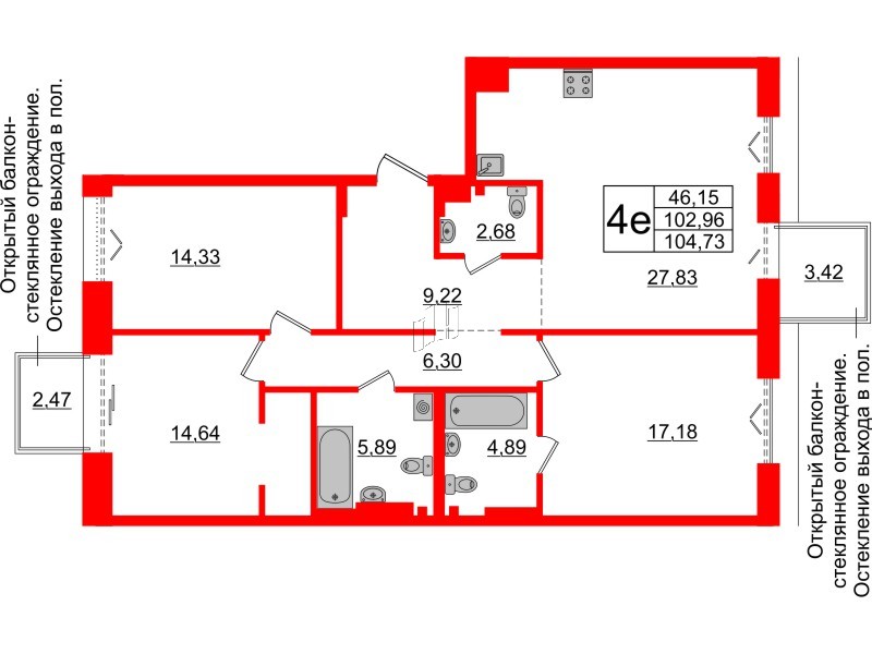 3-комнатная квартира  №649 в Imperial club: 102.96 м², этаж 6 - купить в Санкт-Петербурге