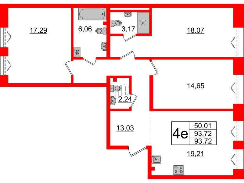 3-комнатная квартира  №383 в Imperial club: 93.72 м², этаж 3 - купить в Санкт-Петербурге